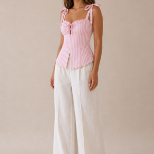 A playful pink candy stripe top featuring delicate tie up sleeves, a chic chest tie detail and elegantscalop edging at the hem.