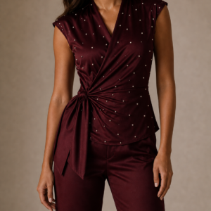 A rich maroon satin co-ord set, with delicate pearl detailing and a side tie up top for an adjustable fit with scallop detailing for the trousers.