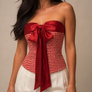 A red checkered top featuring a statement red satin bow detail.